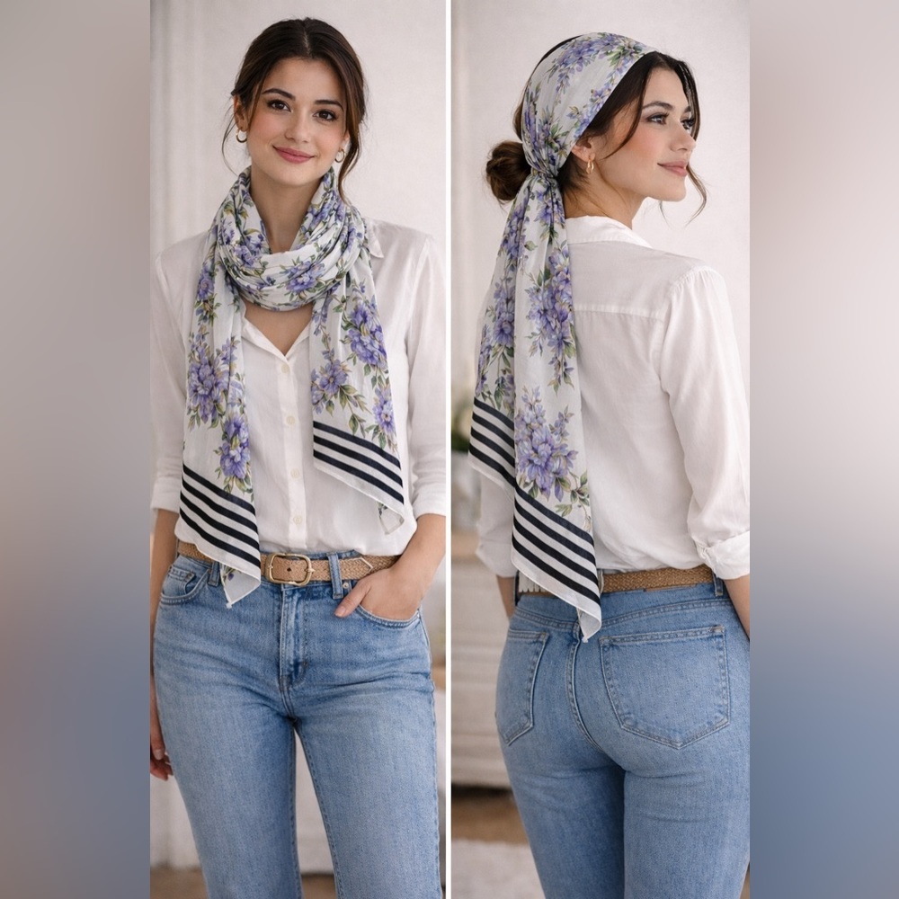 Floral Print Scarf with Stripes